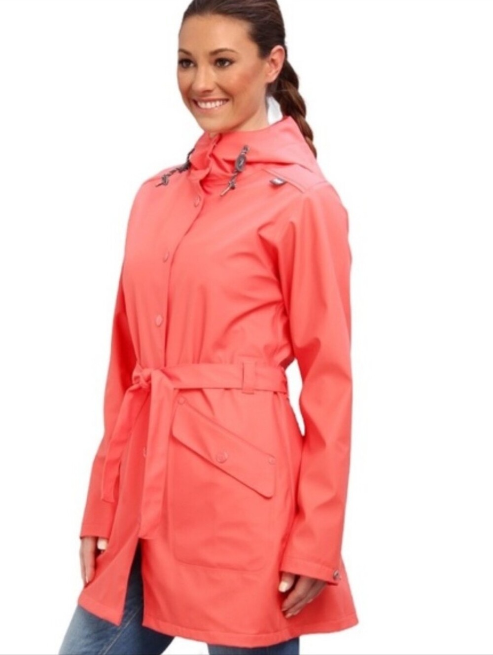 Helly Hansen Kirkwall Coral Pink Fully Lined Belted Rain Coat Jacket Size S